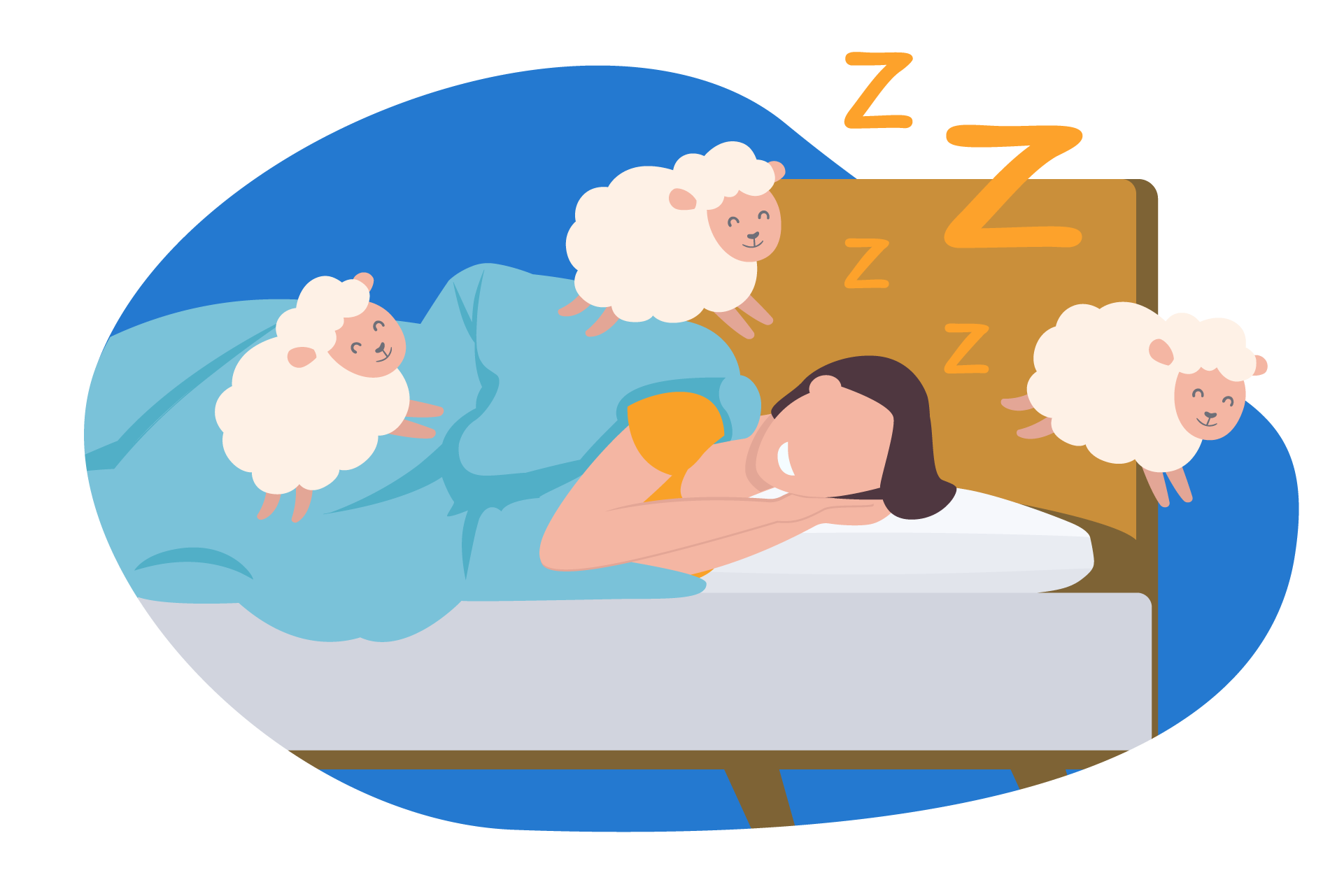 Pessoa a dormir satisfeita rodeada de carneiros